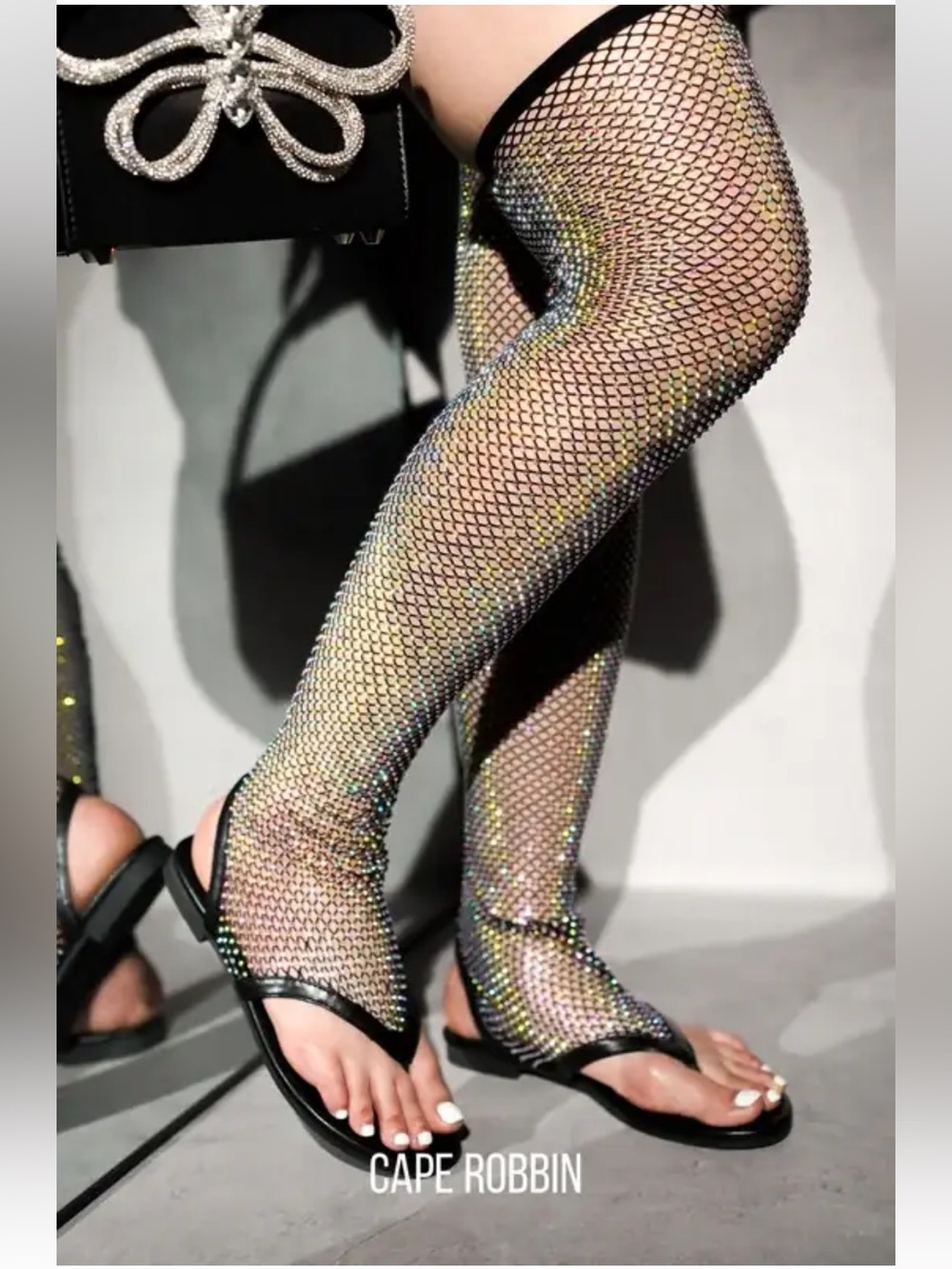 •CAPE ROBBIN• “Hude” Rhinestone Mesh Thigh High Flat Sandals - Black // NIB